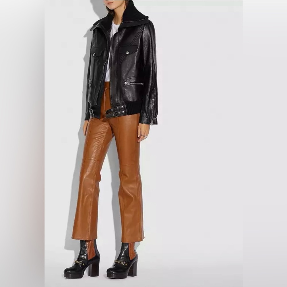 Coach Leather Knit Collar Jacket, Size 0. NWOT
